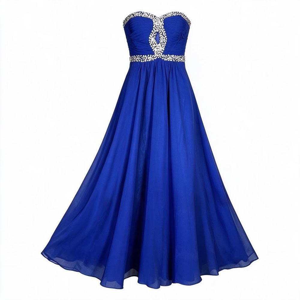 Chiffon Formal Evening Gown Dress Royal Blue Rhinestone Embellished Strapless